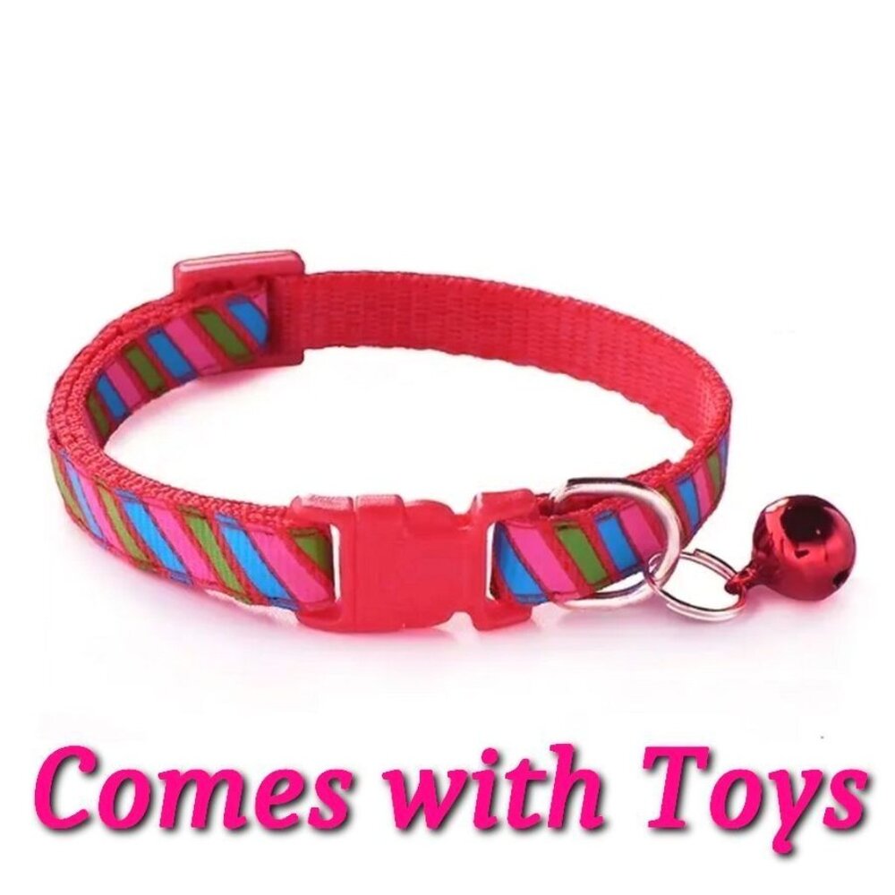 Marlee Candy Stripe Red Pink Blue Green Bell Cat Collar with Toys Gift Packaged